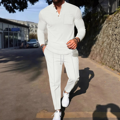 Men's Waffle Check Stand-Up Collar Semi-Casual Business Suit Button-Down Top with Comfortable Trousers have 1Pcs and 2Pcs Set