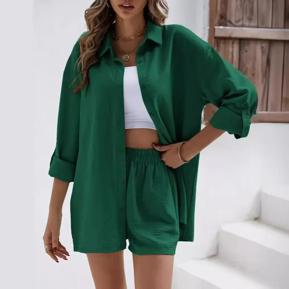 Fashionable Casual Suit Women's Clothing 2023 Spring Solid Color Lapel Long Sleeve Shirt High-Waisted Shorts Elastic Waist Skirt