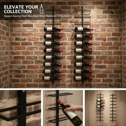 Set of 2 Black Metal Wall Mounted Wine Racks, Holds 20 Bottles, Wine Holder with Mounting Accessories Included