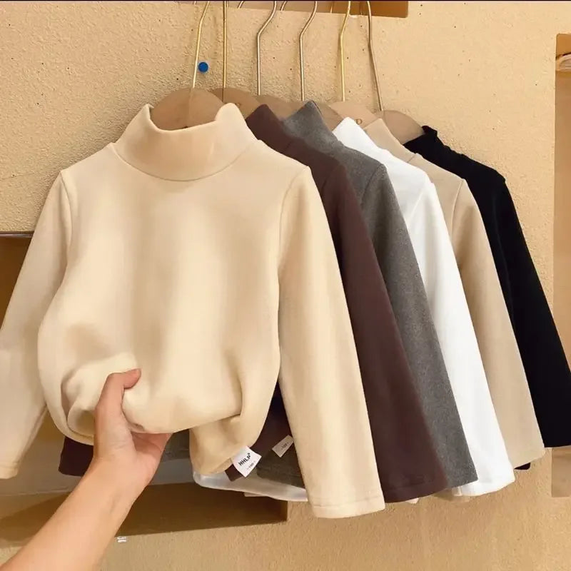 Baby Warm Top Boys and Girls Made Velvet Inner Solid Color Bottom Children's Autumn/Winter Half High Collar Long Sleeve T-shirt