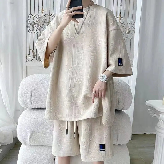 2026 3D Men's new Waffle TZ30 Summer Suit  Casual T-shirt + Shorts Suit Men's Tracksuit Solid color tracksuit loose suit