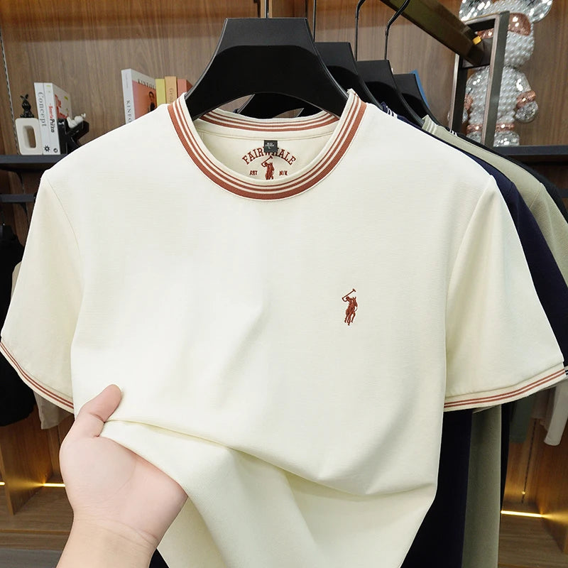 Summer New Cotton Men's Light Luxury Embroidered Versatile Round Neck Loose Short Sleeved Top