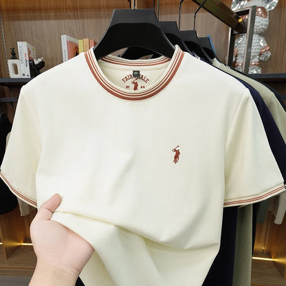 Summer New Cotton Men's Light Luxury Embroidered Versatile Round Neck Loose Short Sleeved Top
