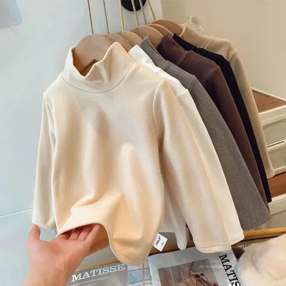 Baby Warm Top Boys and Girls Made Velvet Inner Solid Color Bottom Children's Autumn/Winter Half High Collar Long Sleeve T-shirt