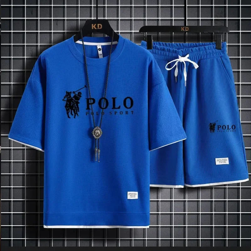 Men's two-piece short sleeved T-shirt and sports shorts summer fashion breathable casual waffle set
