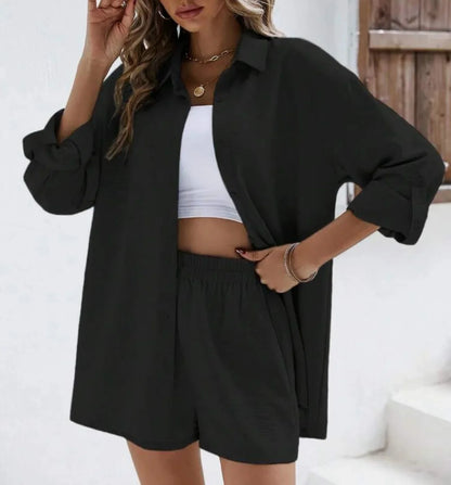 Fashionable Casual Suit Women's Clothing 2023 Spring Solid Color Lapel Long Sleeve Shirt High-Waisted Shorts Elastic Waist Skirt