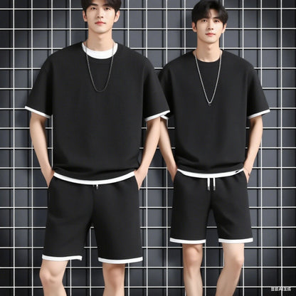 Men's Summer Waffle Set Brand Fashion Casual T-shirt Shorts Set Men's Sports Set Loose ComfortableSlow Running Quick Sports Suit