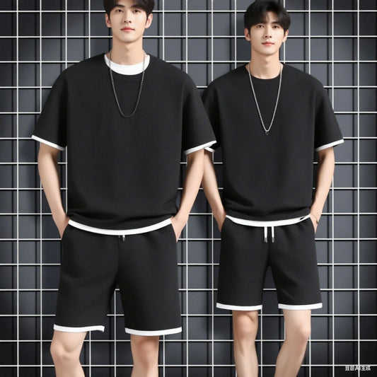 Men's Summer Waffle Set Brand Fashion Casual T-shirt Shorts Set Men's Sports Set Loose ComfortableSlow Running Quick Sports Suit