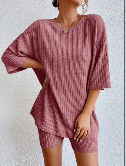 Fashionable Knitted Loose Casual Round Neck Summer Shorts Top Set Women'S Clothing Comfortable Breathable Solid Color Shorts Set