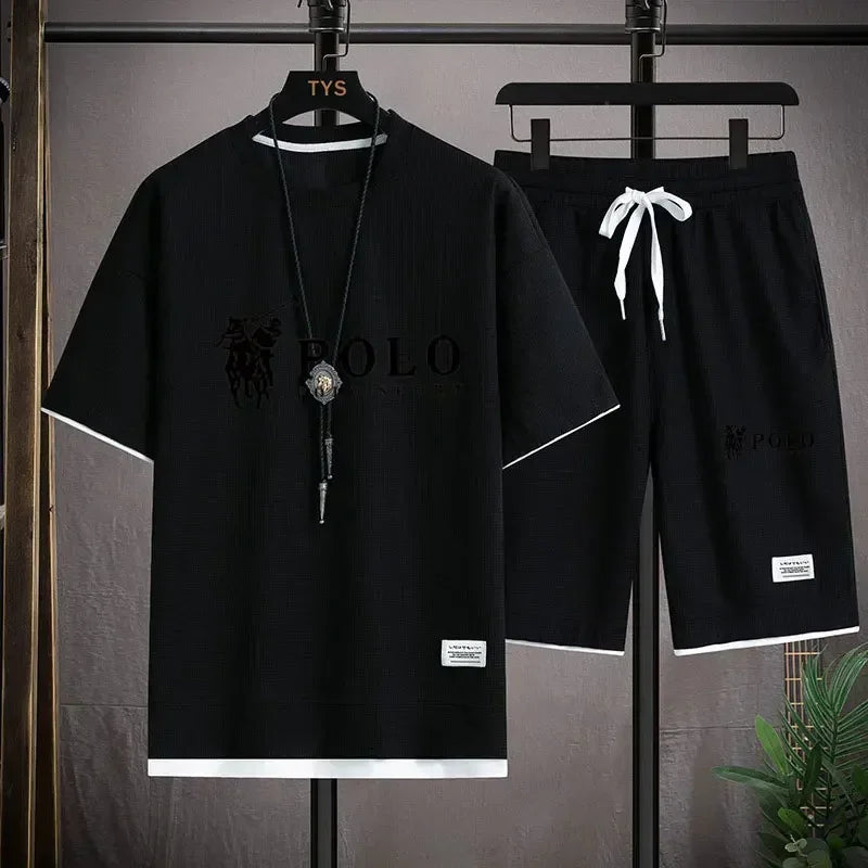 Men's two-piece short sleeved T-shirt and sports shorts summer fashion breathable casual waffle set