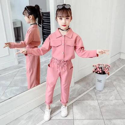 Children's Suits Spring Autumn Wear Girls Long Sleeved Tops + Trousers Kids 2 Suits Big Children Sport Sets Solid Color 12 Years
