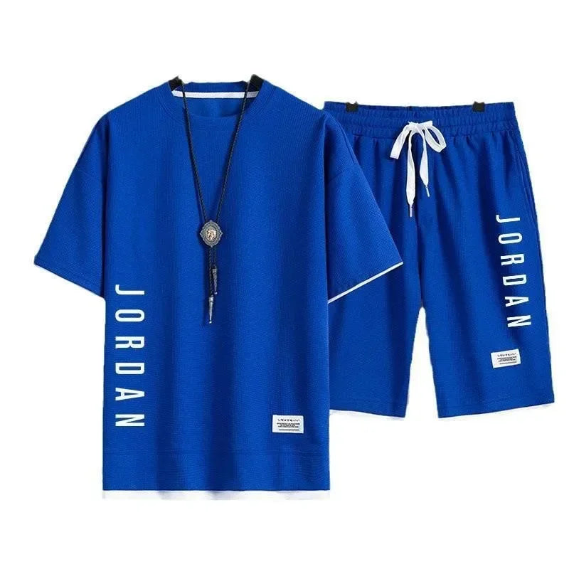 New Waffle Summer Casual T-shirt Shorts Set Men's Sportswear Youth Loose Set