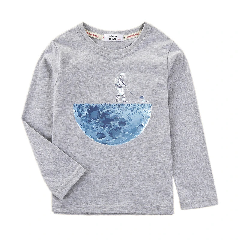 Boys Long Sleeved Shirt Astronaut Funny T-shirt Spring Autumn Cotton Clothes Kid Spaceman Fashion Tops