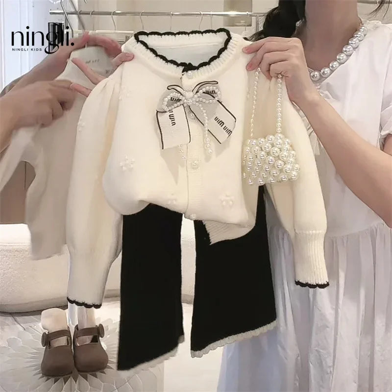 Childrens Clothing Autumn Set 2024 Korean Sweater Jacket Loose Pants Two-piece Set