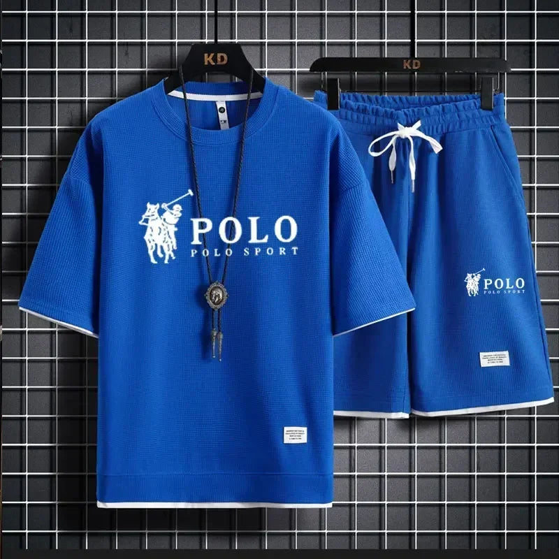 Men's two-piece short sleeved T-shirt and sports shorts summer fashion breathable casual waffle set