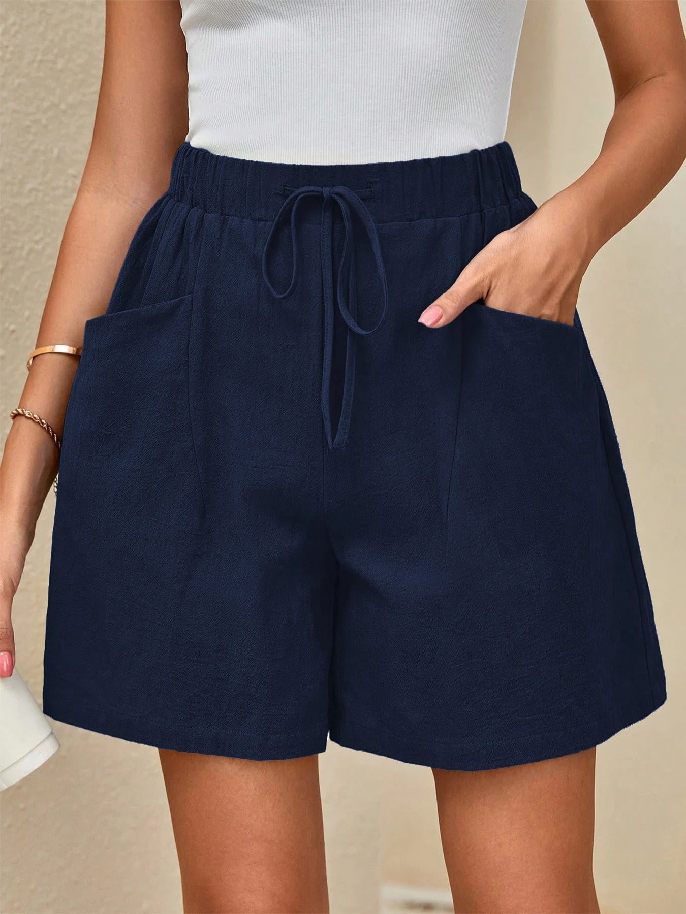 Spring Summer Linen Solid Color Casual Sports Elastic Waist Drawstring Shorts Slimming Versatile Summer Shorts