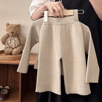 Girls' Clothing Set Spring and Autumn New Style Children's Fashion Bow Lace Knitted Cardigan Pants 2-piece Set