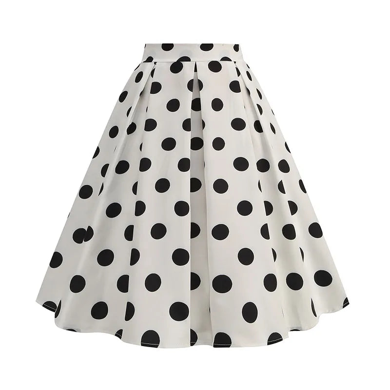 Vintage Women's Summer Skirts High Waist Polka Dot Print Red White Black Elegant 50s Midi Tunic Knee Length