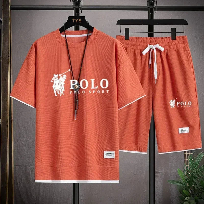 Men's two-piece short sleeved T-shirt and sports shorts summer fashion breathable casual waffle set