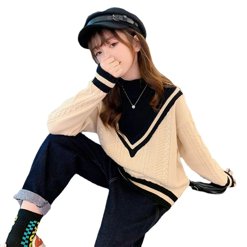 Girls Sweater Autumn and Winter Style Plush Thickened Children's Knitting 2024 New Girls High Collar Baby Clothes 5 10 7 12 Year