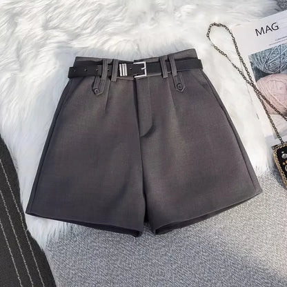 Gray Suit Short Pants Women's Casual High Waist Loose Wide Leg A- Line Pants Versatile Loose Fit Summer Outerwear Shorts