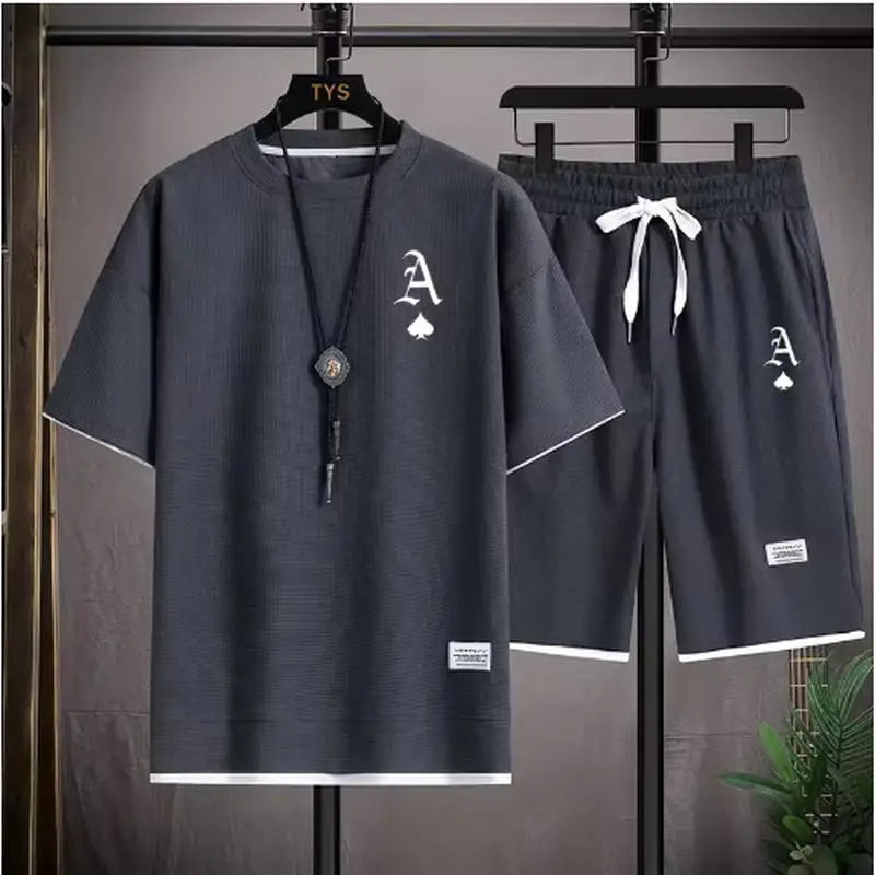 Fashionable casual men's sports suit short-sleeved T-shirt and outdoor summer sports shorts two-piece set daily casual