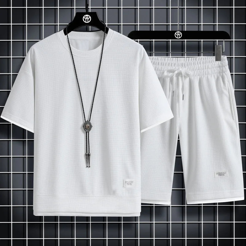 2025 New Summer Men's Waffle Set Casual T-shirt and Shorts Set Men's Sports Set Solid Color Sports Set Loose Set