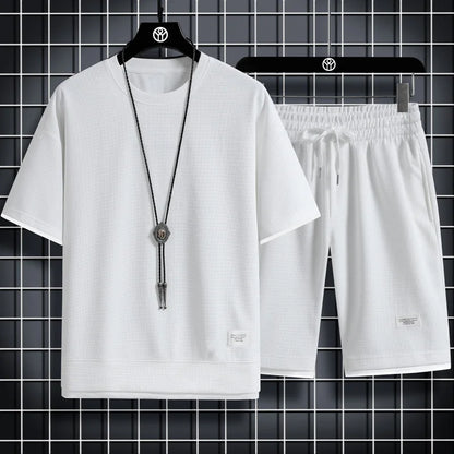 Men's Summer Waffle Set Brand Fashion Casual T-shirt Shorts Set Men's Sports Set Loose ComfortableSlow Running Quick Sports Suit