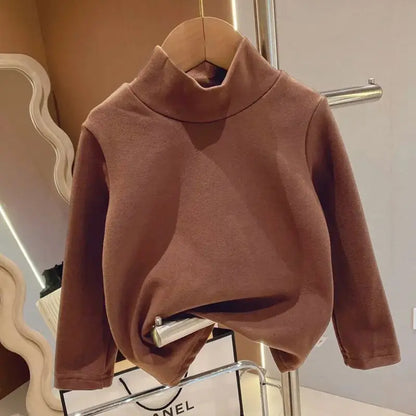 Baby Warm Top Boys and Girls Made Velvet Inner Solid Color Bottom Children's Autumn/Winter Half High Collar Long Sleeve T-shirt