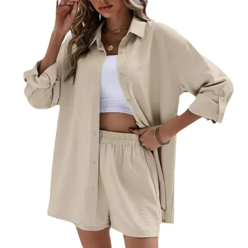 Fashionable Casual Suit Women's Clothing 2023 Spring Solid Color Lapel Long Sleeve Shirt High-Waisted Shorts Elastic Waist Skirt