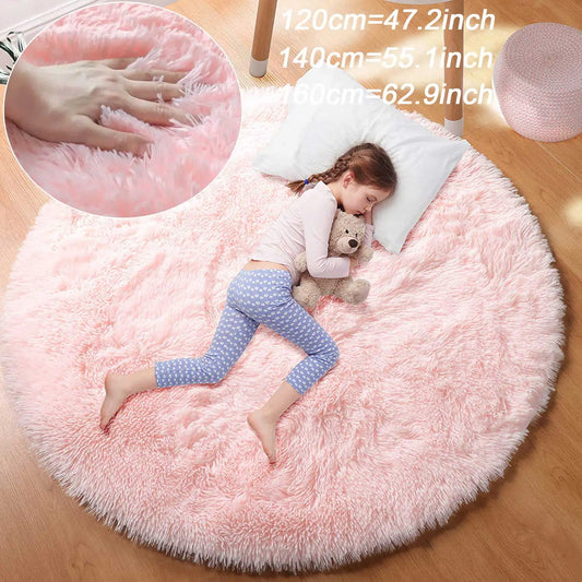 100/120/140/160 Round Rug Fluffy Soft Area Rugs for Kids Girls Room Princess Castle Plush Shag Carpet Cute Circle Bedroom Decor