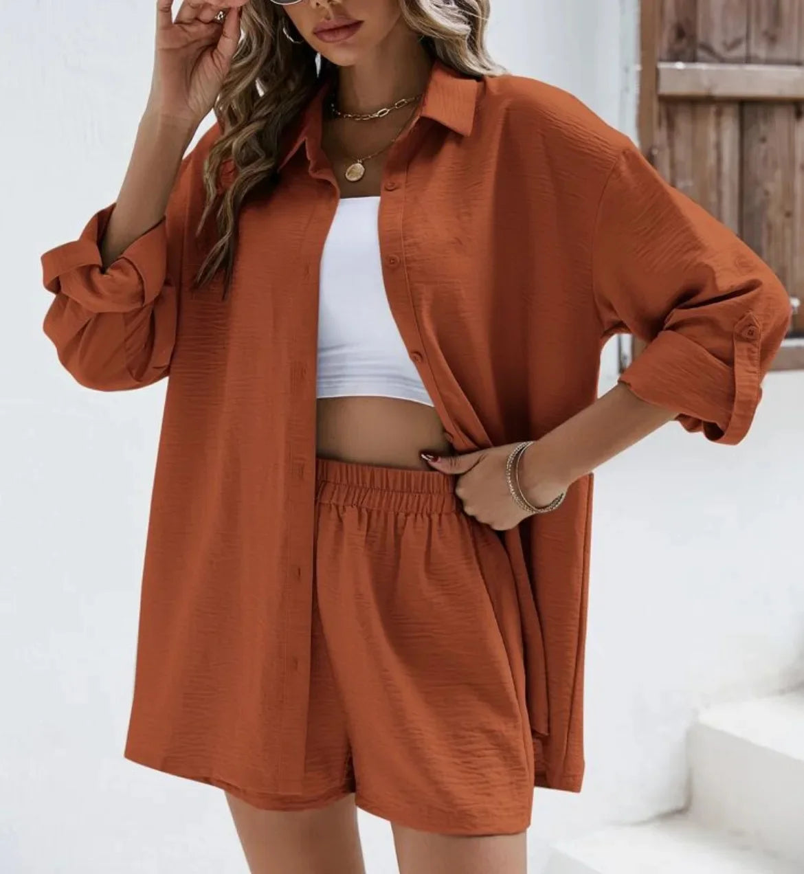 Fashionable Casual Suit Women's Clothing 2023 Spring Solid Color Lapel Long Sleeve Shirt High-Waisted Shorts Elastic Waist Skirt