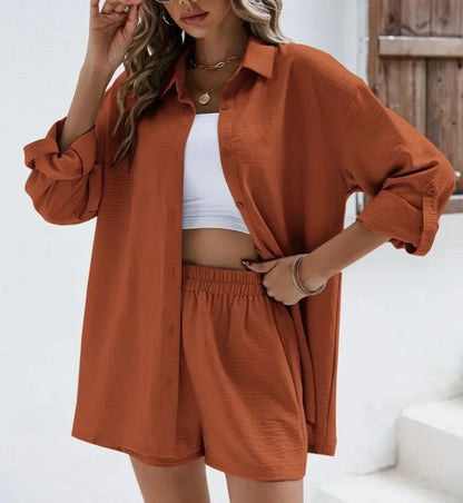 Fashionable Casual Suit Women's Clothing 2023 Spring Solid Color Lapel Long Sleeve Shirt High-Waisted Shorts Elastic Waist Skirt
