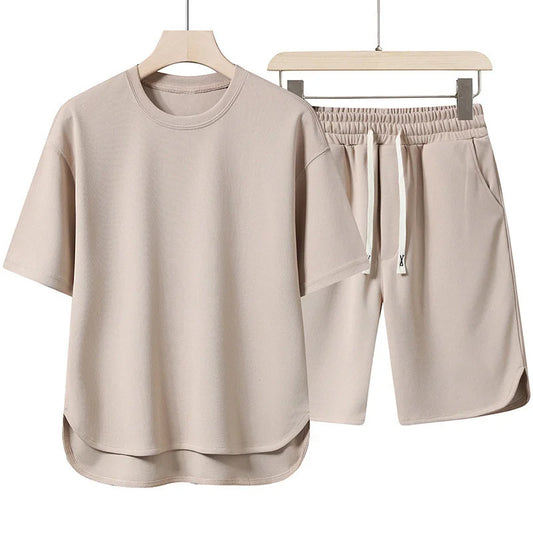 2025 Summer New Men Suit Round Neck Short Sleeve T-shirt+shorts Two Piece Set Loose Outdoor Sports Casual Solid Color Tracksuit
