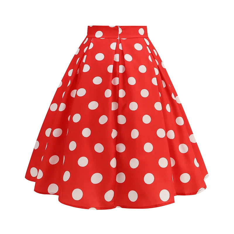 Vintage Women's Summer Skirts High Waist Polka Dot Print Red White Black Elegant 50s Midi Tunic Knee Length