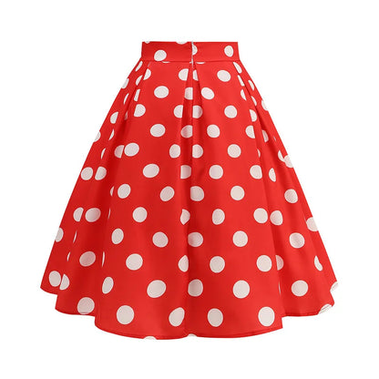 Vintage Women's Summer Skirts High Waist Polka Dot Print Red White Black Elegant 50s Midi Tunic Knee Length