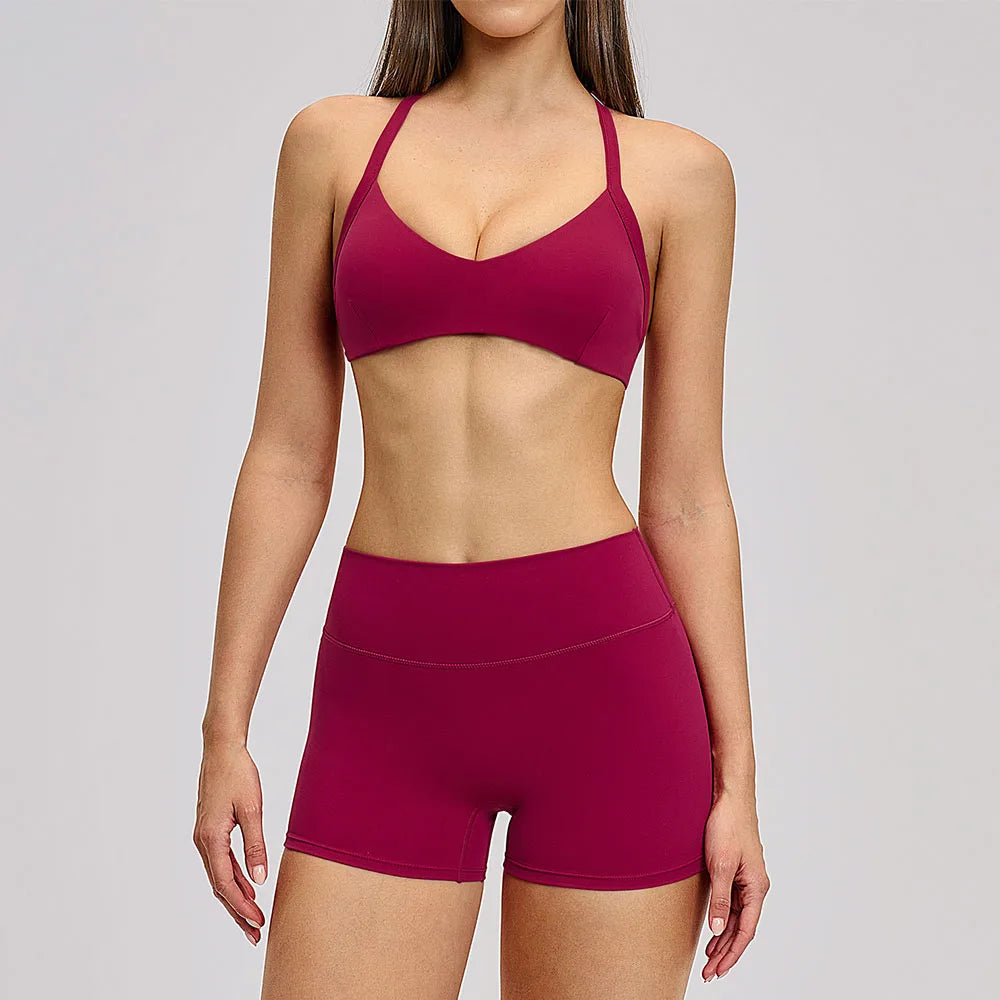 Women's Yoga Suit Breathable Quick-drying Gym Push Up Sports Set Shockproof Bra Hip Litting Leggings Shorts 2-piece Sports Set