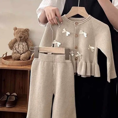 Girls' Clothing Set Spring and Autumn New Style Children's Fashion Bow Lace Knitted Cardigan Pants 2-piece Set