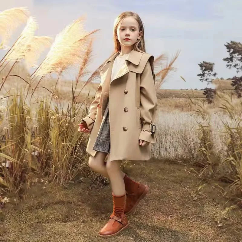 Girls Windbreaker Coat Spring Autumn Kids Windproof Jackets Children Mid-Length Trench Outerwear Teenagers Overcoat 4-14 Years