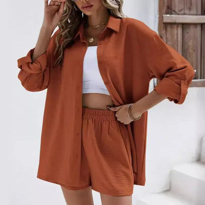 Fashionable Casual Suit Women's Clothing 2023 Spring Solid Color Lapel Long Sleeve Shirt High-Waisted Shorts Elastic Waist Skirt