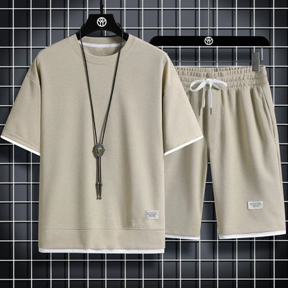 2025 New Summer Men's Waffle Set Casual T-shirt and Shorts Set Men's Sports Set Solid Color Sports Set Loose Set