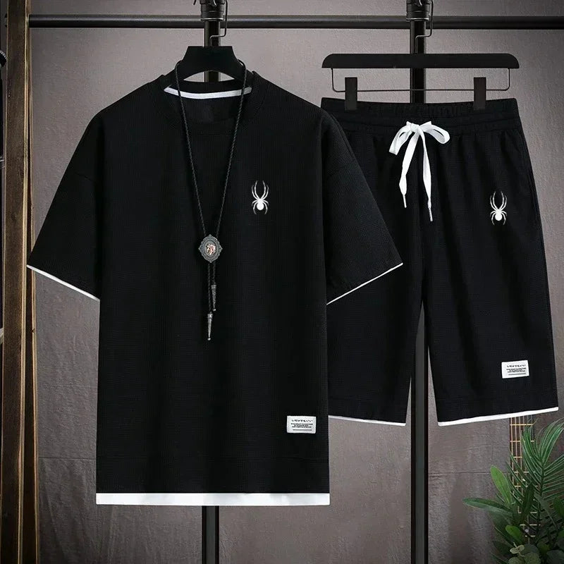 New Waffle Summer Casual T-shirt Shorts Set Men's Sportswear Youth Loose Set