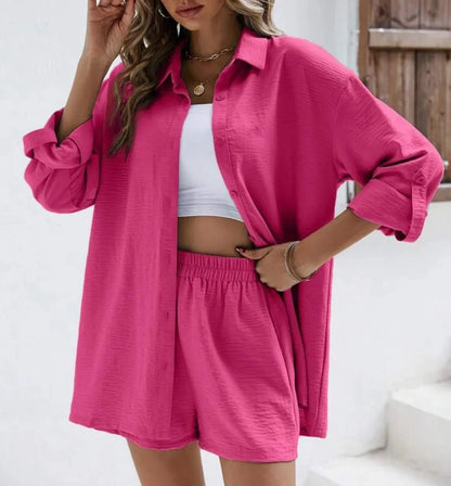 Fashionable Casual Suit Women's Clothing 2023 Spring Solid Color Lapel Long Sleeve Shirt High-Waisted Shorts Elastic Waist Skirt