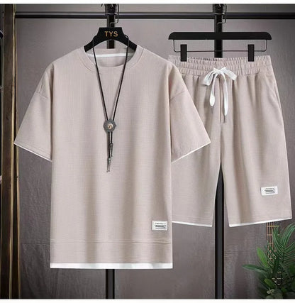 2025 New Summer Men's Waffle Set Casual T-shirt and Shorts Set Men's Sports Set Solid Color Sports Set Loose Set