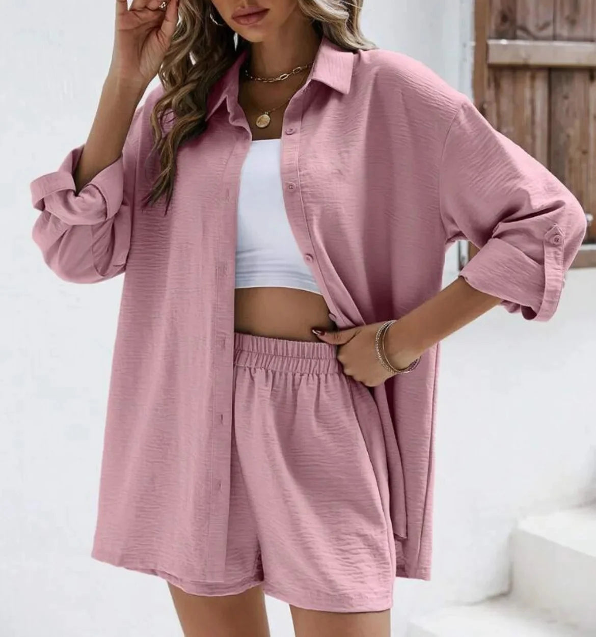 Fashionable Casual Suit Women's Clothing 2023 Spring Solid Color Lapel Long Sleeve Shirt High-Waisted Shorts Elastic Waist Skirt