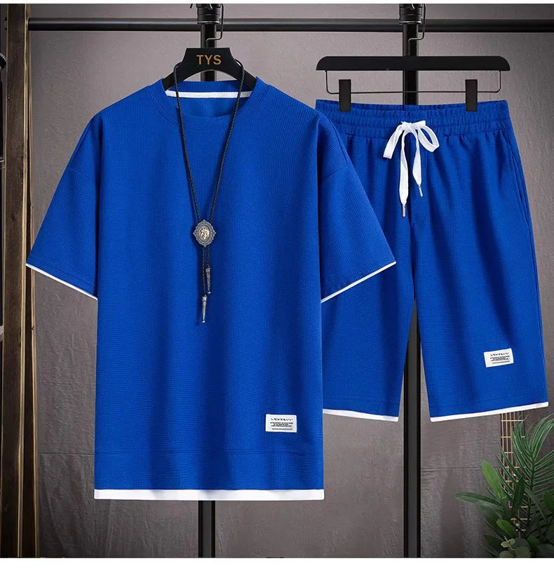 2025 New Summer Men's Waffle Set Casual T-shirt and Shorts Set Men's Sports Set Solid Color Sports Set Loose Set