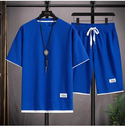 2025 New Summer Men's Waffle Set Casual T-shirt and Shorts Set Men's Sports Set Solid Color Sports Set Loose Set