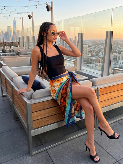 HH Y2K Floral Print Sarong Wrap Women's Asymmetric Bow Decorated Tie Waist Beach Wrap Sexy Summer Vacation & Festival Outfit