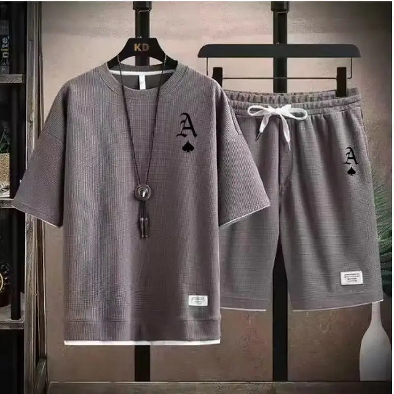 Fashionable casual men's sports suit short-sleeved T-shirt and outdoor summer sports shorts two-piece set daily casual