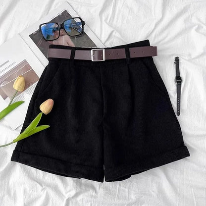 Retro Corduroy High Waist Short Pants Women's Autumn Winter Slim Wide Leg Pants Small Size Design Sense Cuffed Fashion Boot Pant